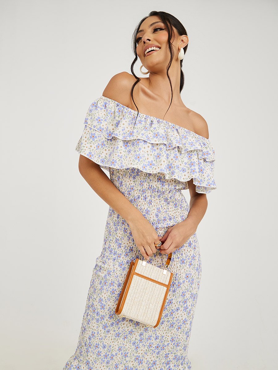 Off Shoulder Shirred Bodycon Midi Dress For Women at Bahrain | Styli Off Shoulder Shirred Bodycon Midi Dress For Women at Bahrain | Styli