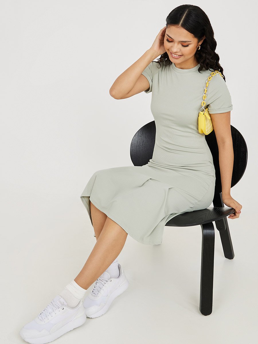Short Sleeves Frill Hem Ribbed Midi Dress For Women at UAE | Styli