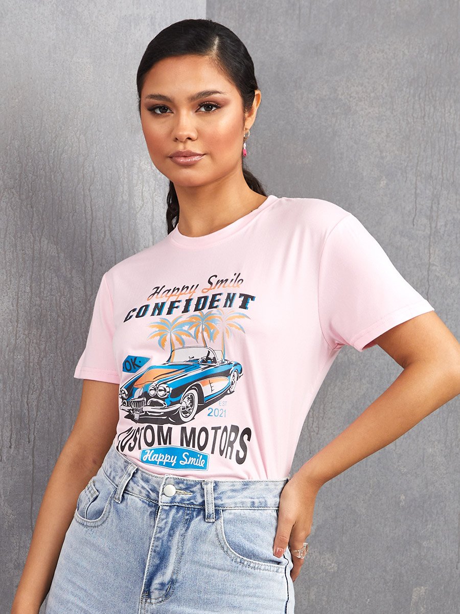 Short Sleeves Car Graphic Regular Fit T-shirt For Women at Saudi