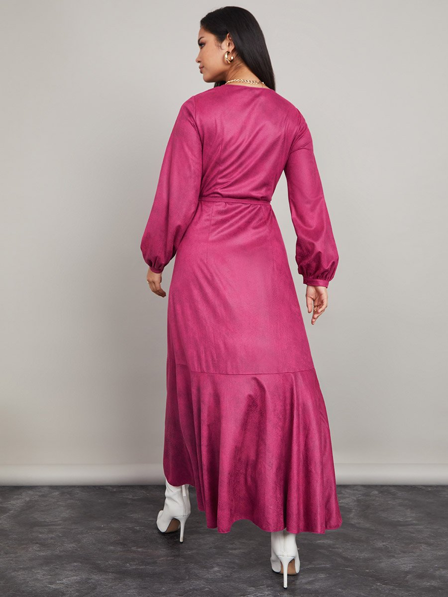 Long Sleeves Frill Hem Velvet Wrap Maxi Dress For Women at UAE | Styli