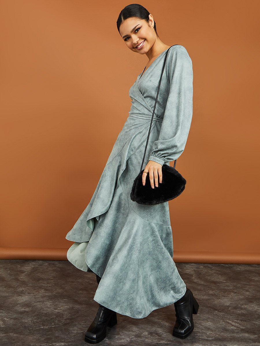 Long Sleeves Frill Hem Velvet Wrap Maxi Dress For Women at Saudi | Styli