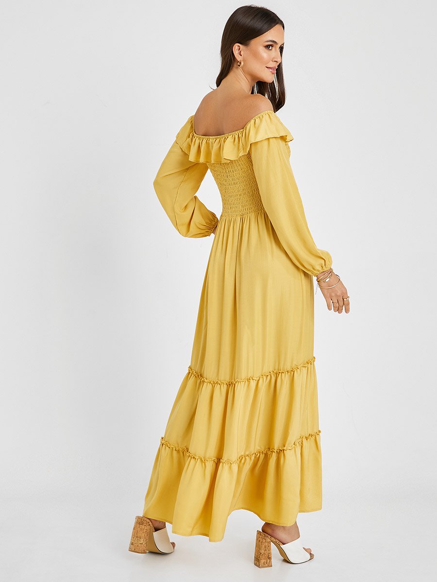 Off Shoulder Frill Detail Tiered Maxi Dress For Women at Saudi | Styli