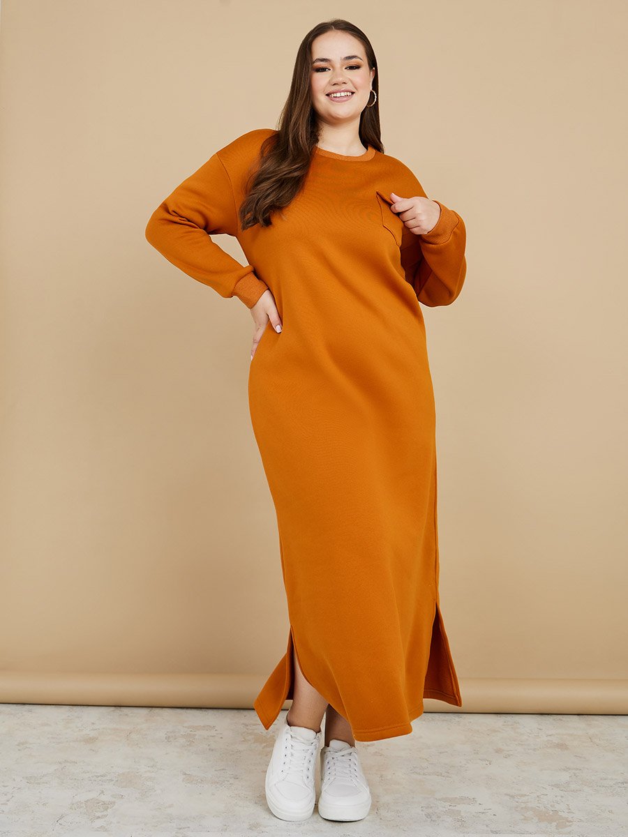 Plus Fleece Sweater Maxi Winter Dress with Side Split For Women at Saudi | Styli Plus Fleece Sweater Maxi Winter Dress with Side Split For Women at Saudi | Styli
