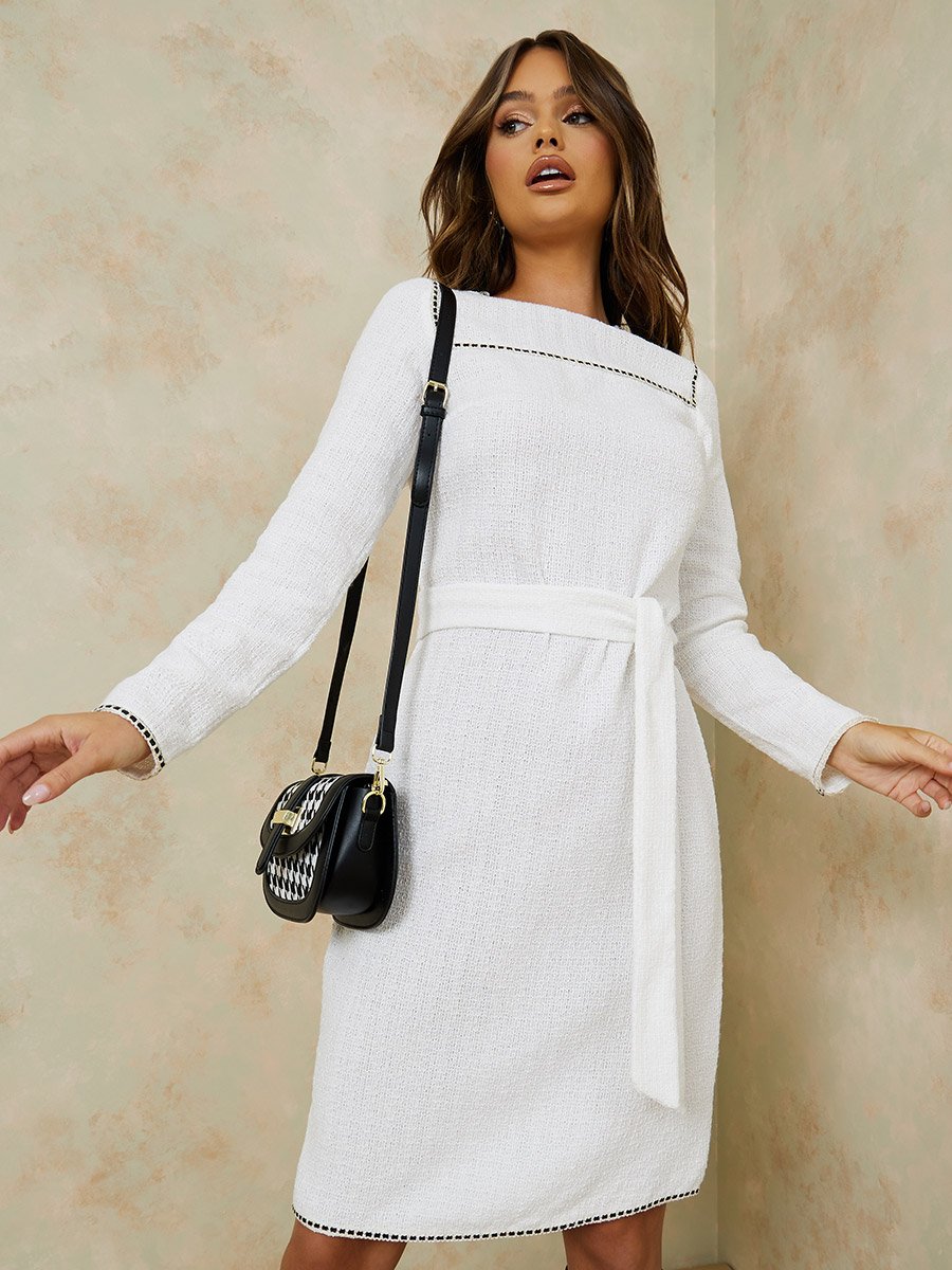 Long Sleeves Bodycon Knee Length Tweed Winter Dress with Tie Up For Women at Saudi | Styli Long Sleeves Bodycon Knee Length Tweed Winter Dress with Tie Up For Women at Saudi | Styli