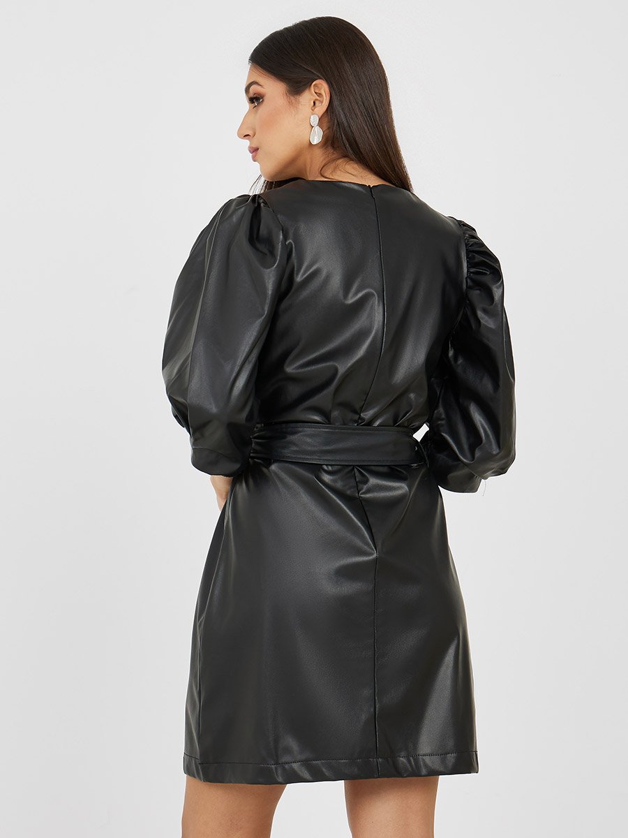Puff 3/4 Sleeves Leather Look A-Line Mini Dress For Women at Kuwait | Styli