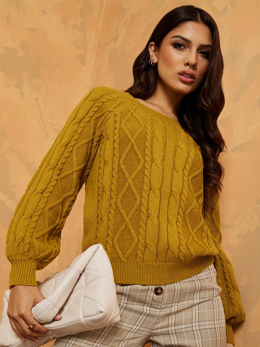 Regular Fit Cable Knit Square Neck Sweater