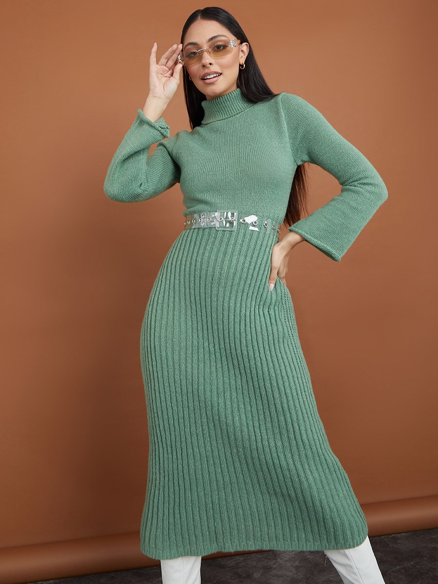 Turtle Neck Knitted Sweater Midi Winter Dress For Women at Saudi | Styli