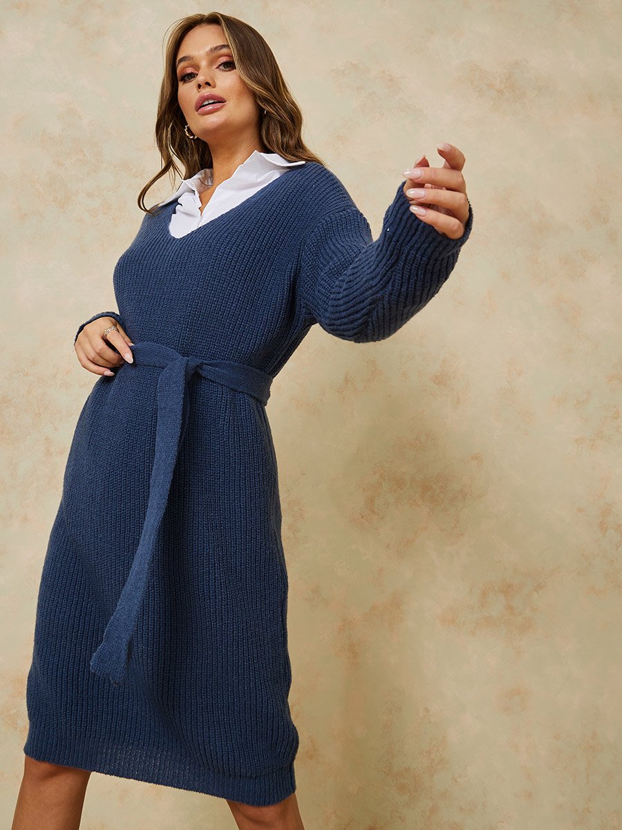 sweater dress women knee length Drop Shoulder Winter with Tie Belt For at Saudi not_customizer