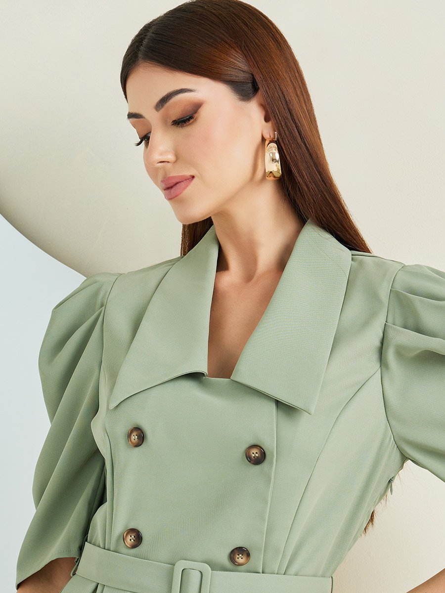 green emerald velvet dress Miss Circle Women's Delia Pistachio Green Blazer Dress with Pleated Detail - Pistachio