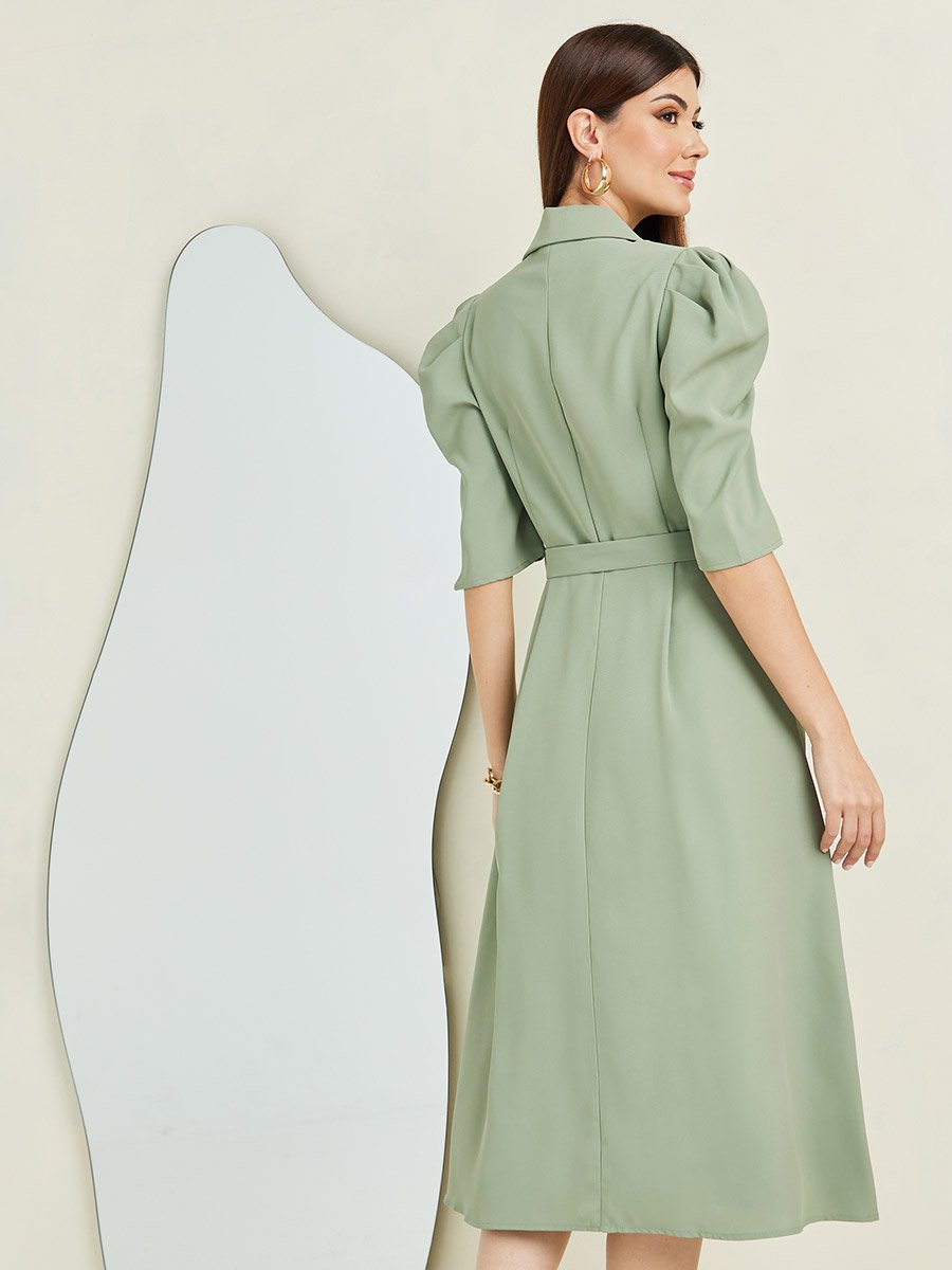Solid Puff Sleeve Belted Blazer Midi Dress For Women at Kuwait | Styli Solid Puff Sleeve Belted Blazer Midi Dress For Women at Kuwait | Styli