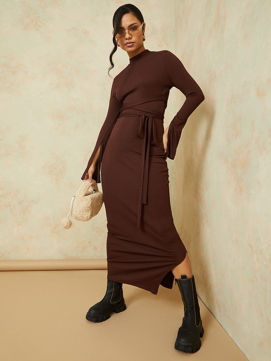 Slit Sleeve Rib Winter Maxi Dress with Tie-Waist For Women at UAE | Styli Slit Sleeve Rib Winter Maxi Dress with Tie-Waist For Women at UAE | Styli