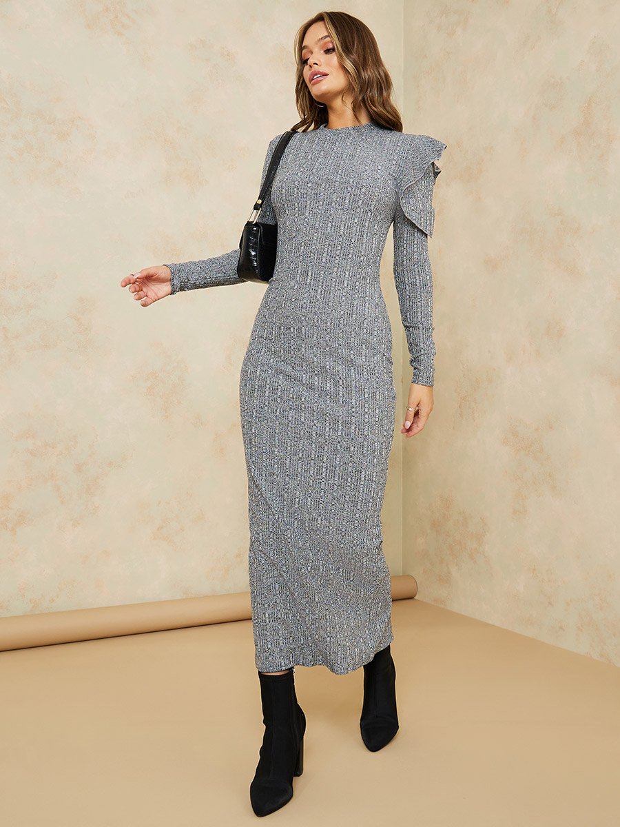 Long Sleeves Frill Detail Maxi Bodycon Winter Dress For Women at Saudi | Styli Long Sleeves Frill Detail Maxi Bodycon Winter Dress For Women at Saudi | Styli