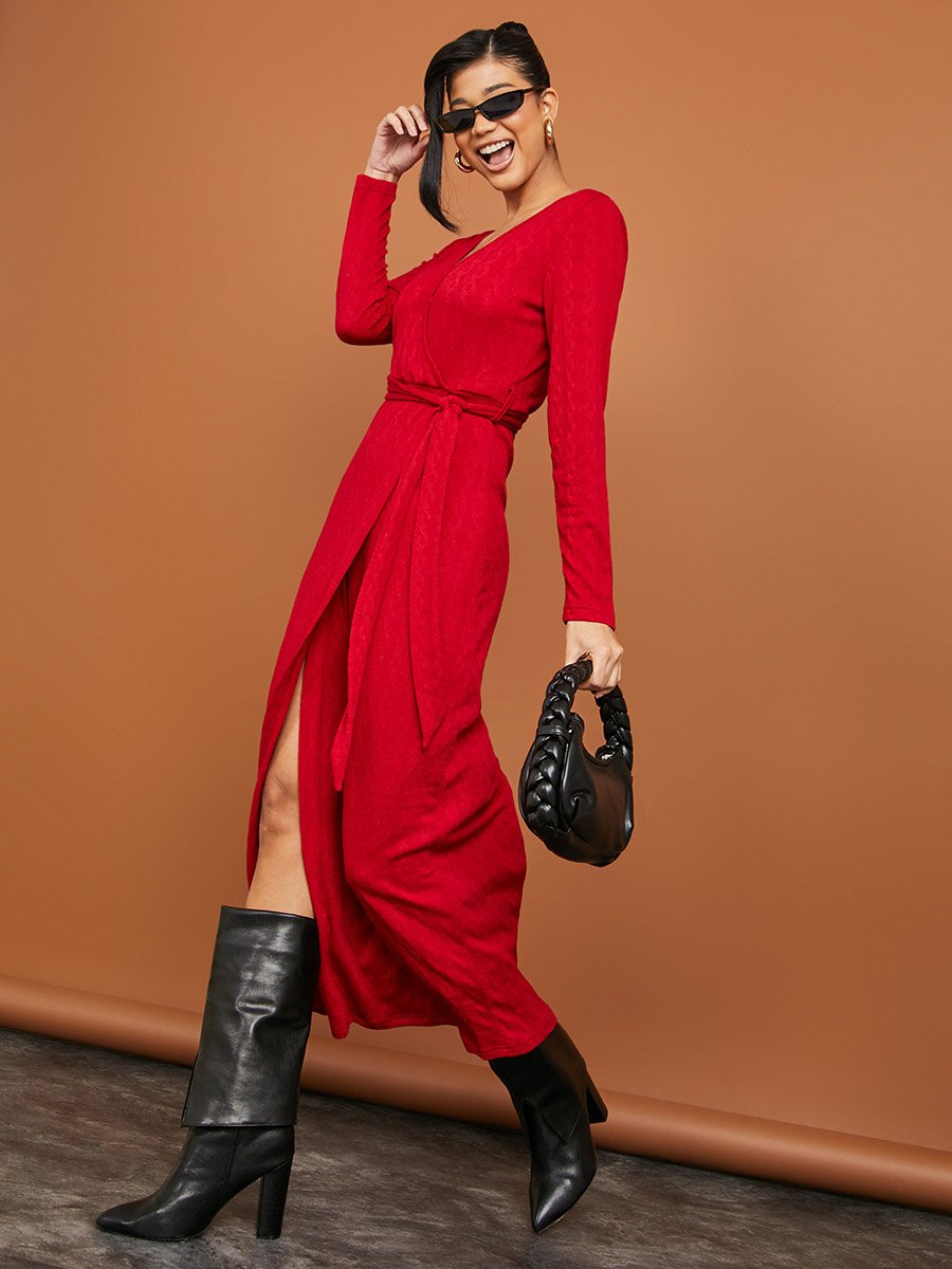 sachin and babi light blue dress Long Sleeves Cable Knit Wrap Around Maxi Winter Dress For Women at UAE