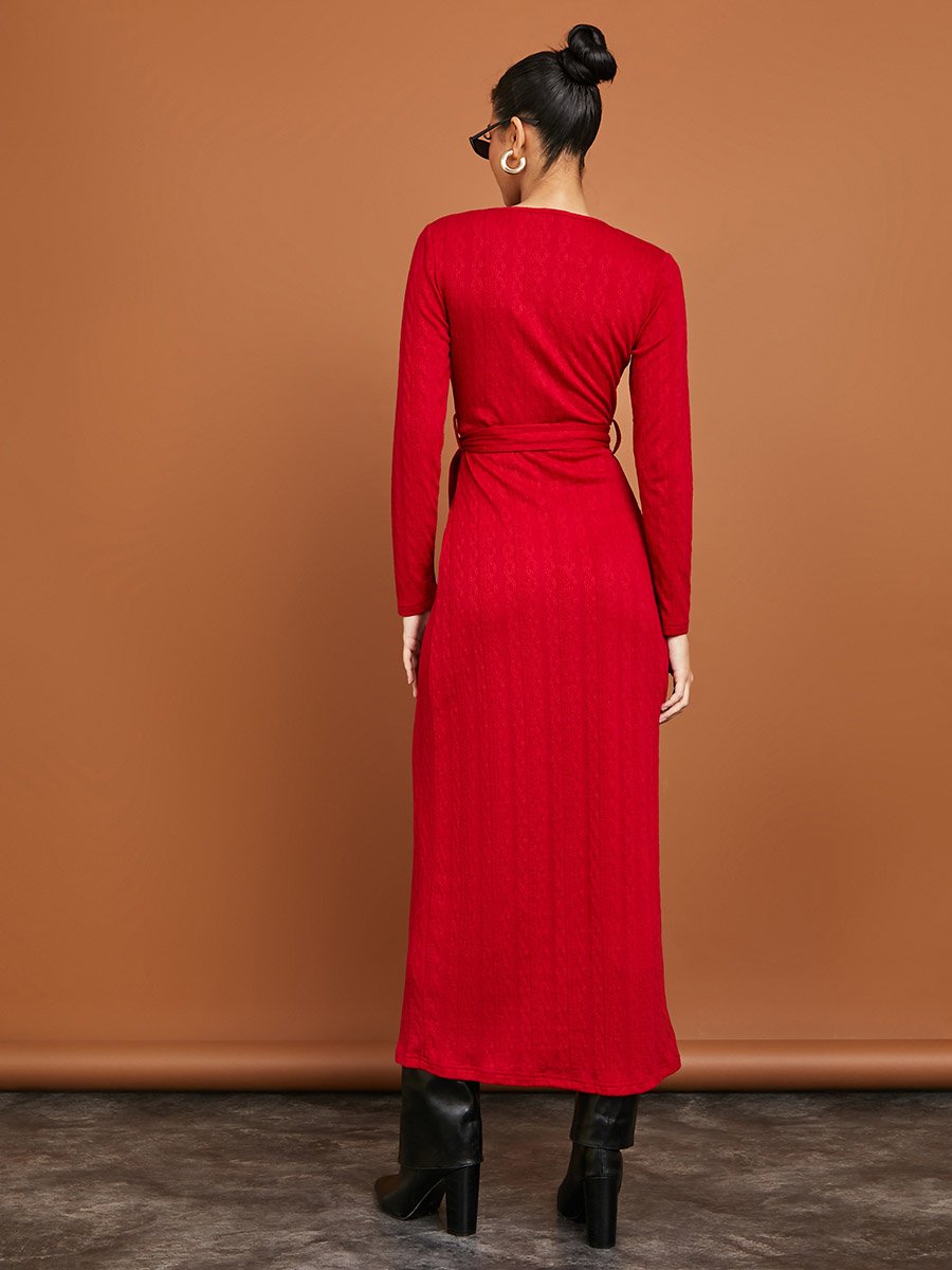 Long Sleeves Cable Knit Wrap Around Maxi Winter Dress For Women at UAE |  Styli