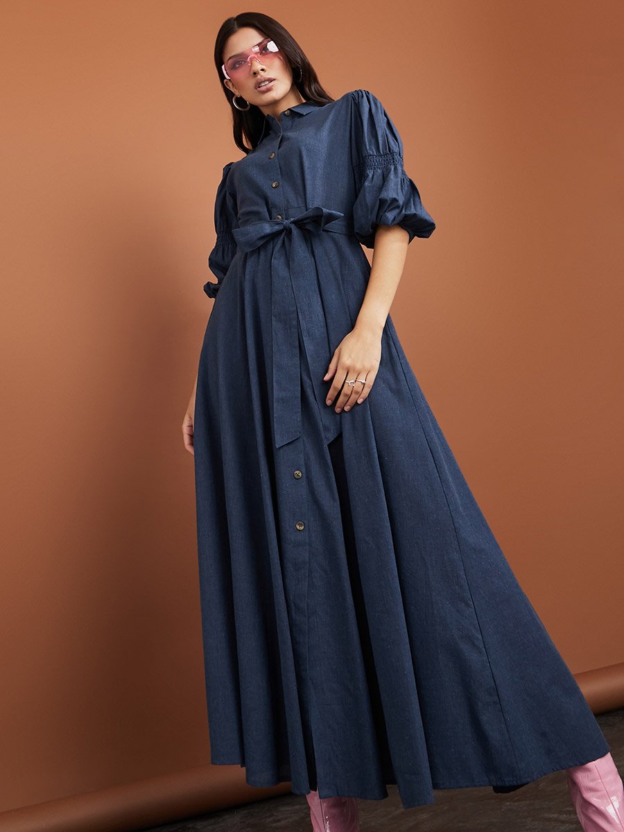 knee length dresses for ladies Shoals Denim Maxi Shirt Dress in Light Indigo main image 0