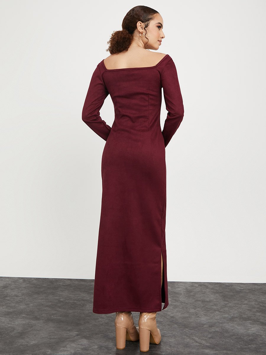 Long Sleeves Suede Look Maxi Dress with Side Slit For Women at Saudi | Styli