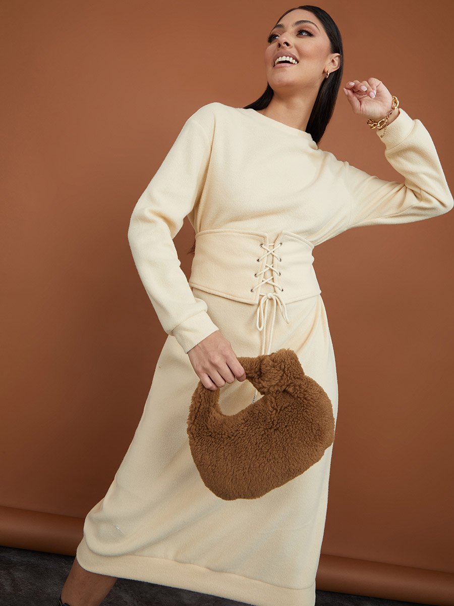 Long Sleeves Corset Detail Sweatshirt Midi Winter Dress For Women at Saudi | Styli Long Sleeves Corset Detail Sweatshirt Midi Winter Dress For Women at Saudi | Styli