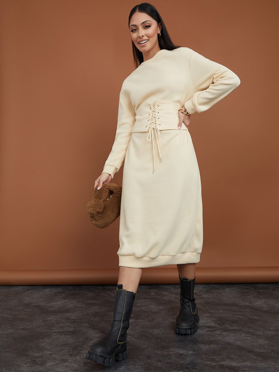 Long Sleeves Corset Detail Sweatshirt Midi Winter Dress For Women at Saudi | Styli Long Sleeves Corset Detail Sweatshirt Midi Winter Dress For Women at Saudi | Styli
