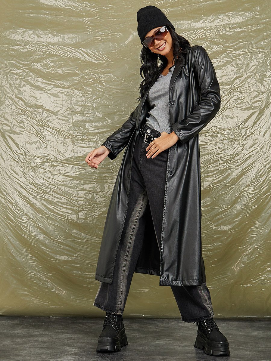Midi Length Button Through Leather Look Jacket For Women at Saudi