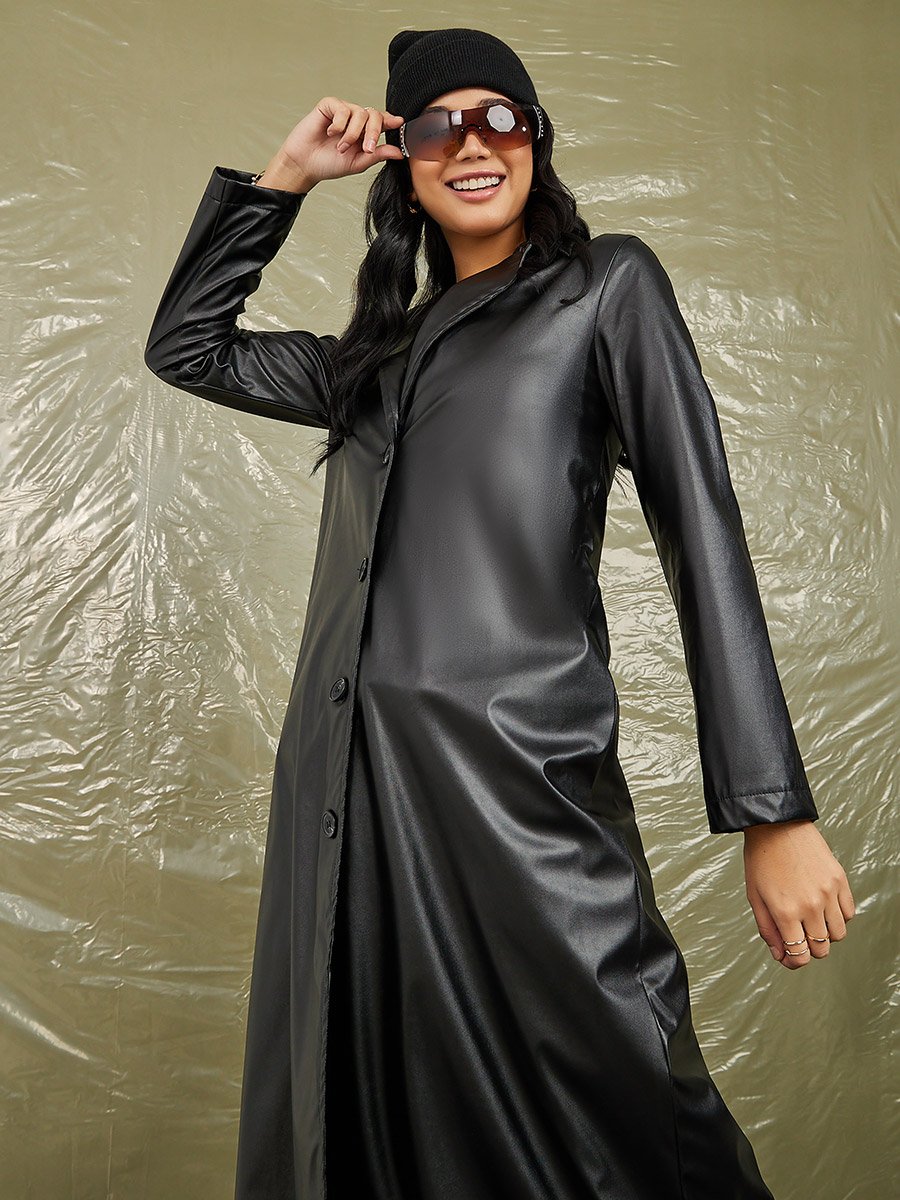 Midi Length Button Through Leather Look Jacket For Women at Saudi