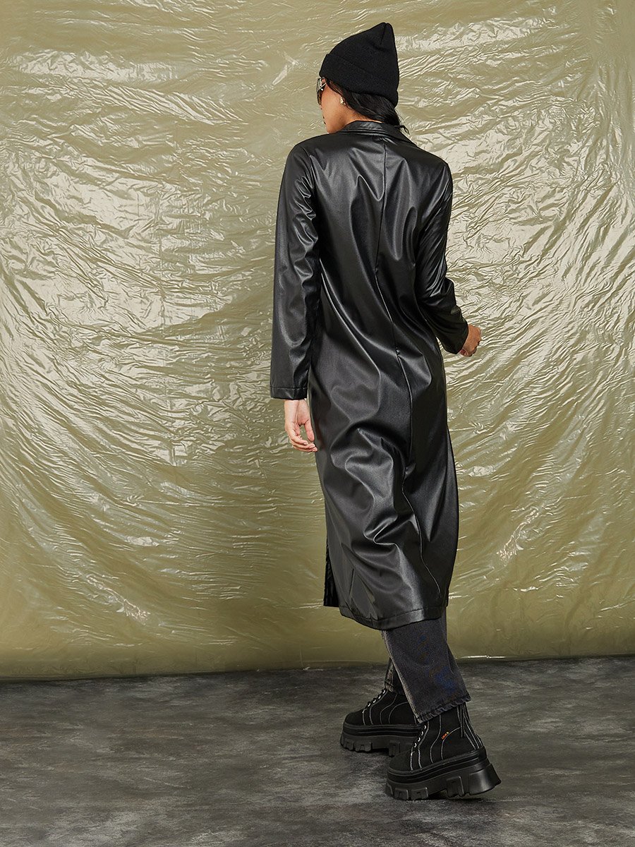 Midi Length Button Through Leather Look Jacket For Women at Saudi