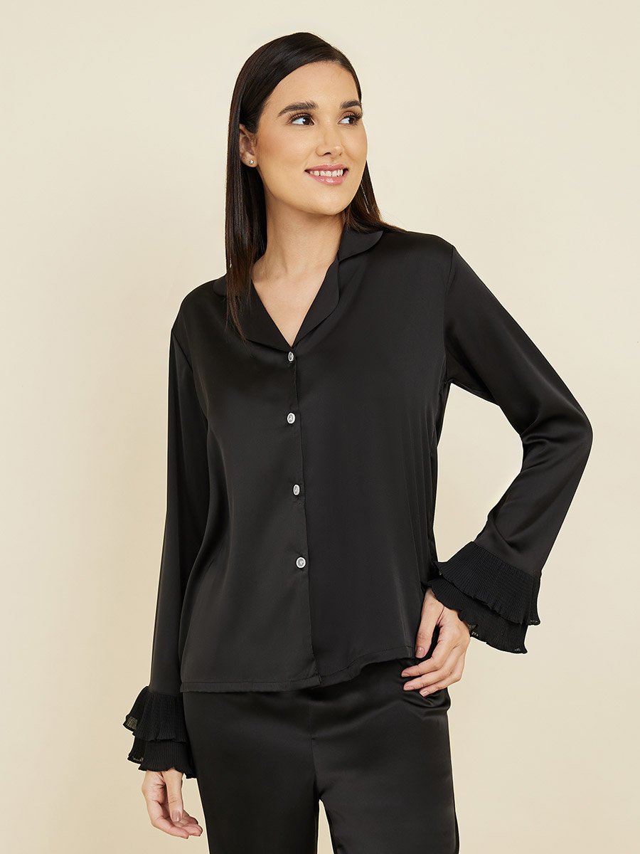 Plisse Layer Cuff Sleeves Satin Shirt and Pyjama Set