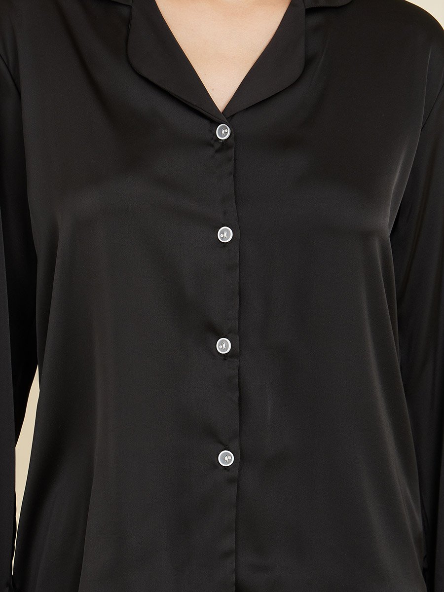 Plisse Layer Cuff Sleeves Satin Shirt and Pyjama Set
