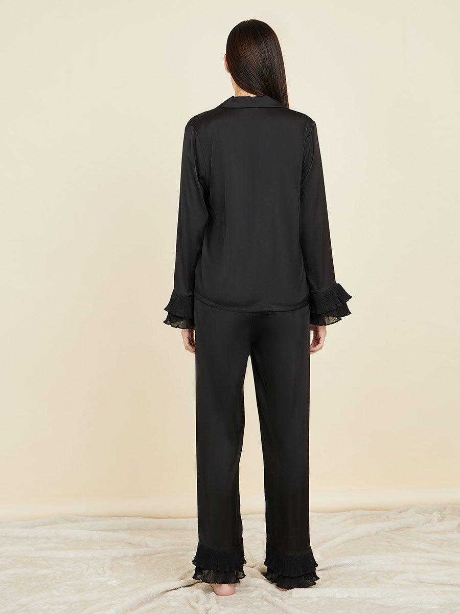 Plisse Layer Cuff Sleeves Satin Shirt and Pyjama Set