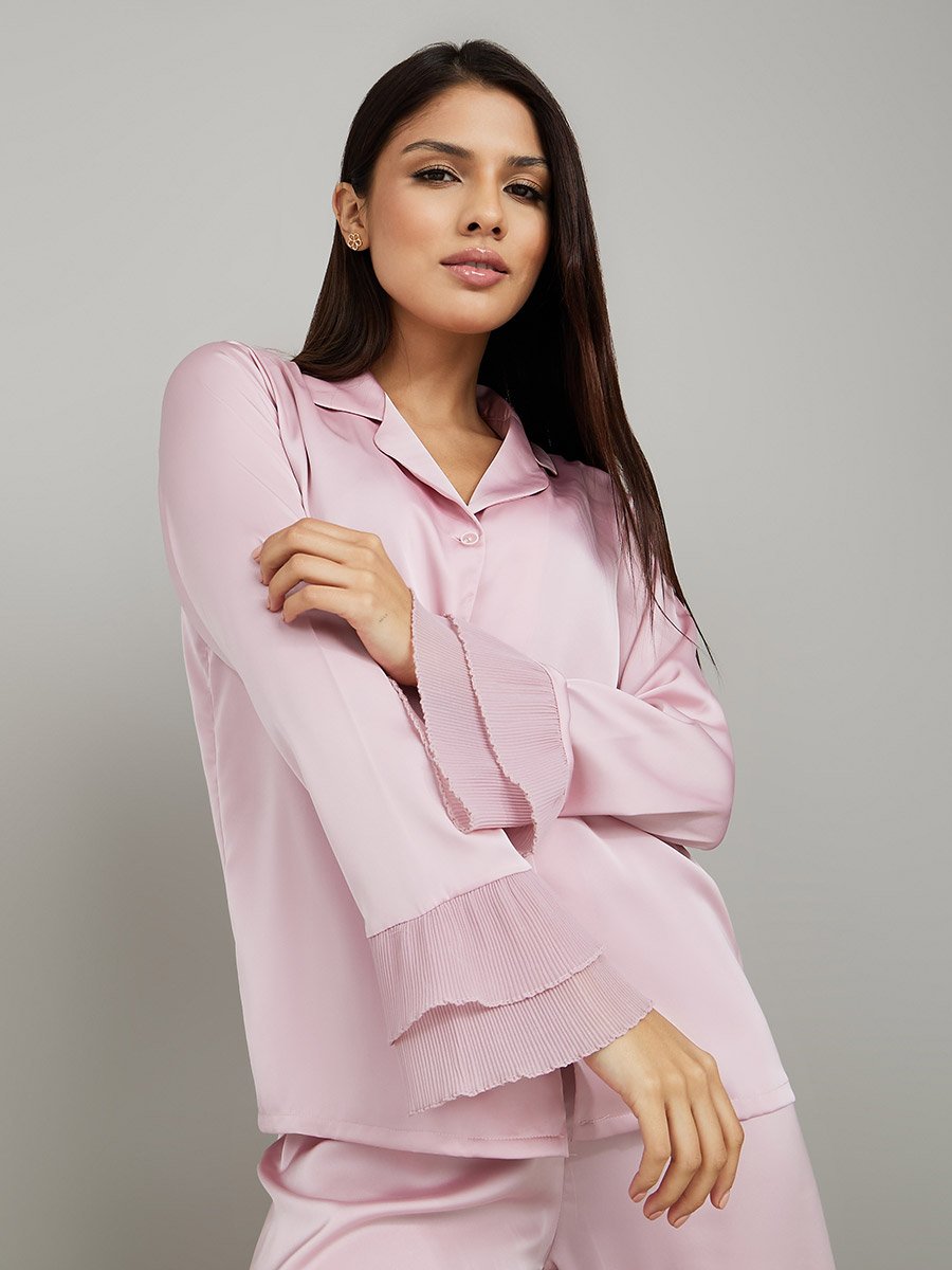 Plisse Cuff Detail Satin Shirt and Pyjama Set