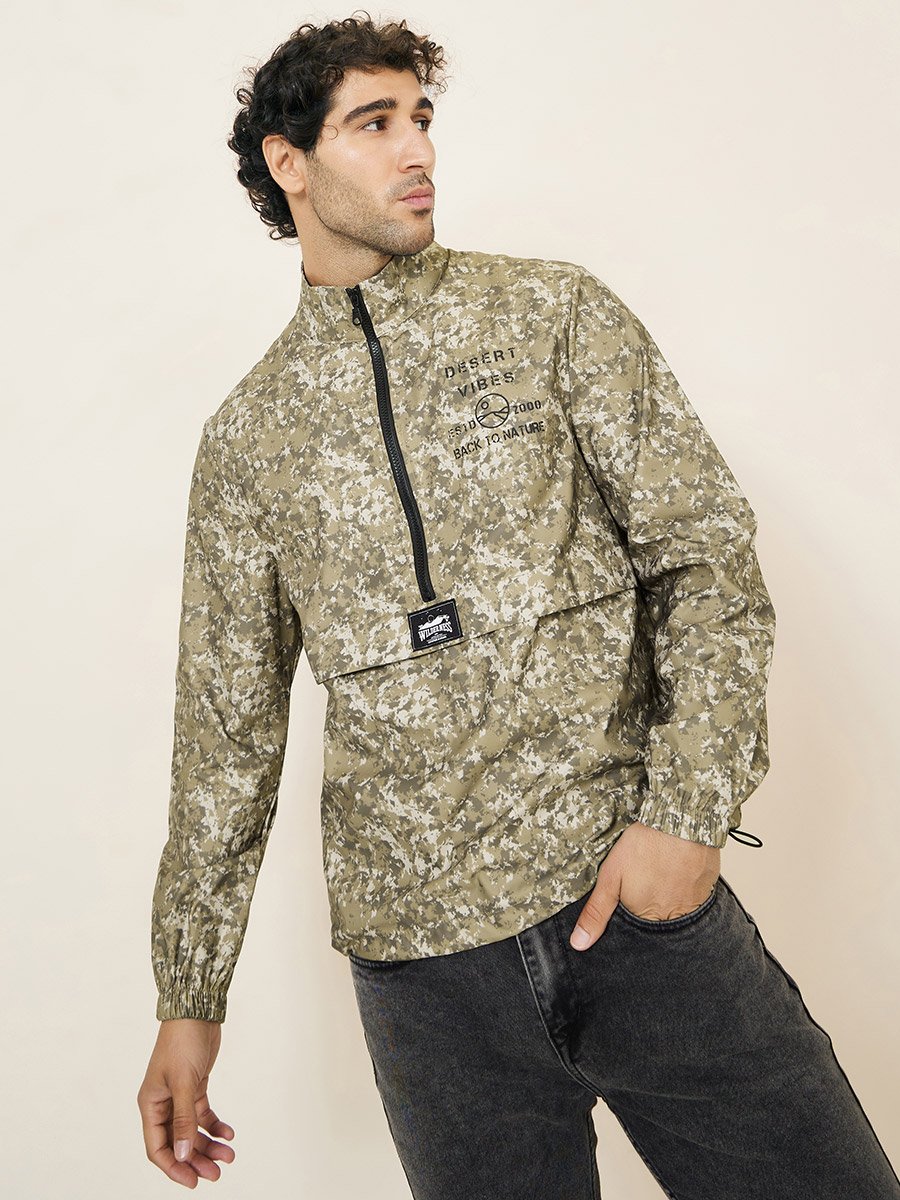 All Over Camo Print Half Zip Track Jacket with Badge Detail