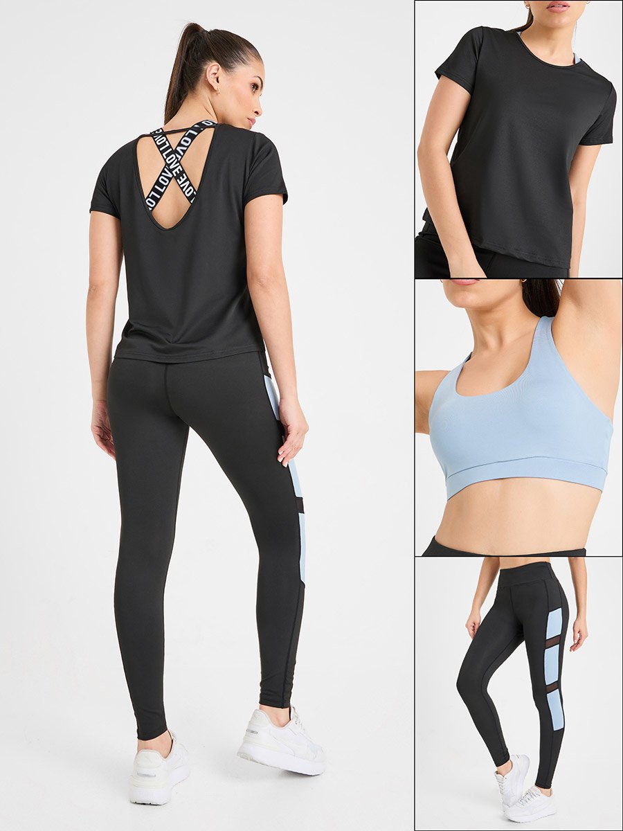 Pack of 3 - Solid Top- Slogan Print Strap Sports Bra and Leggings