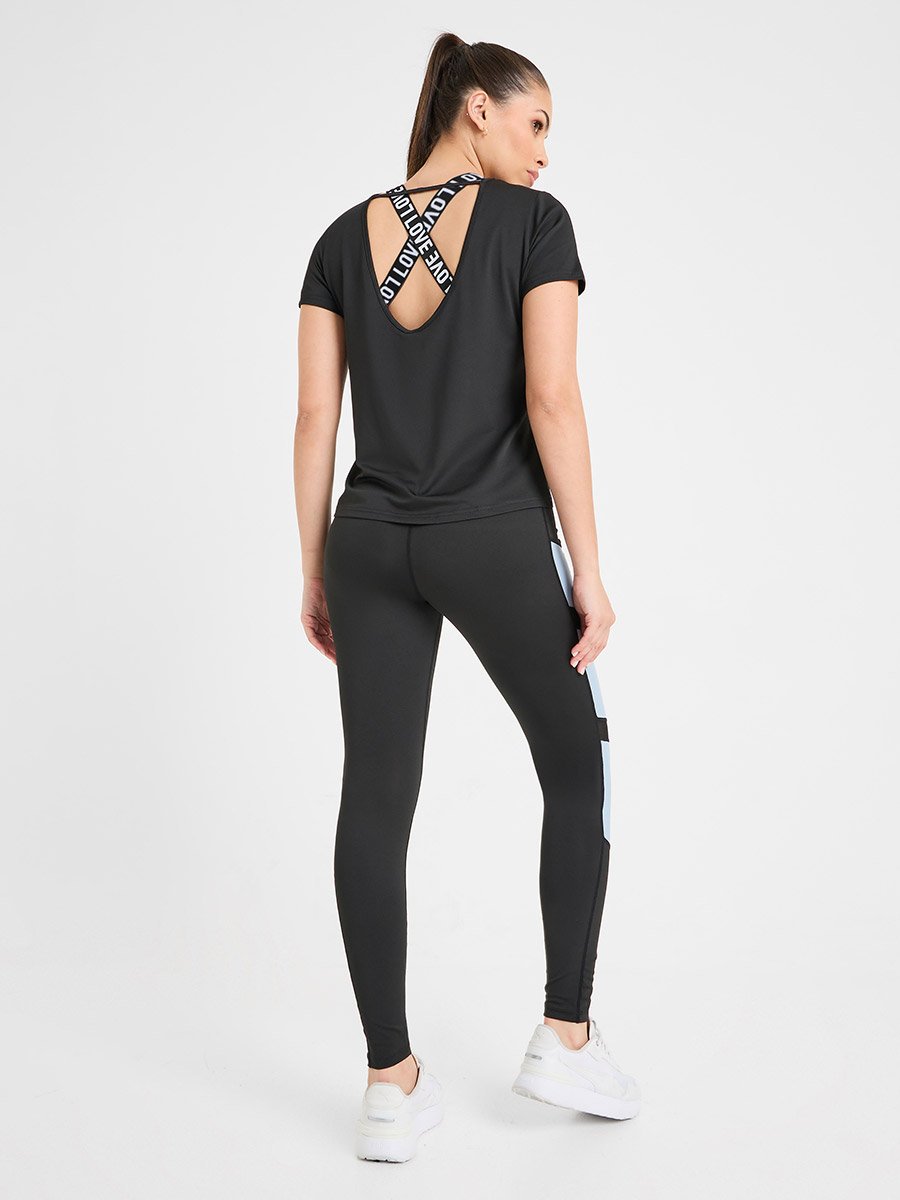 Pack of 3 - Solid Top- Slogan Print Strap Sports Bra and Leggings