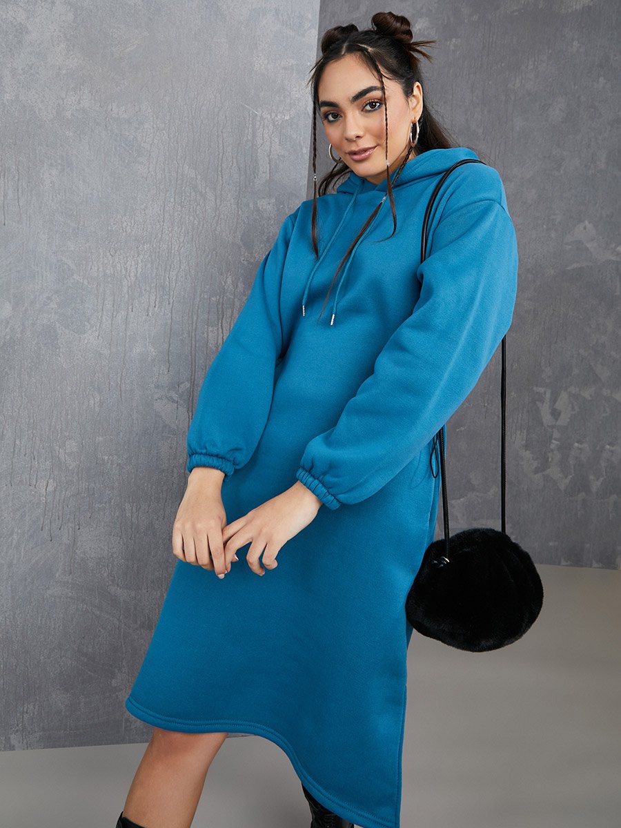 Hooded Oversized Sweatshirt Midi Winter Dress For Women at UAE | Styli