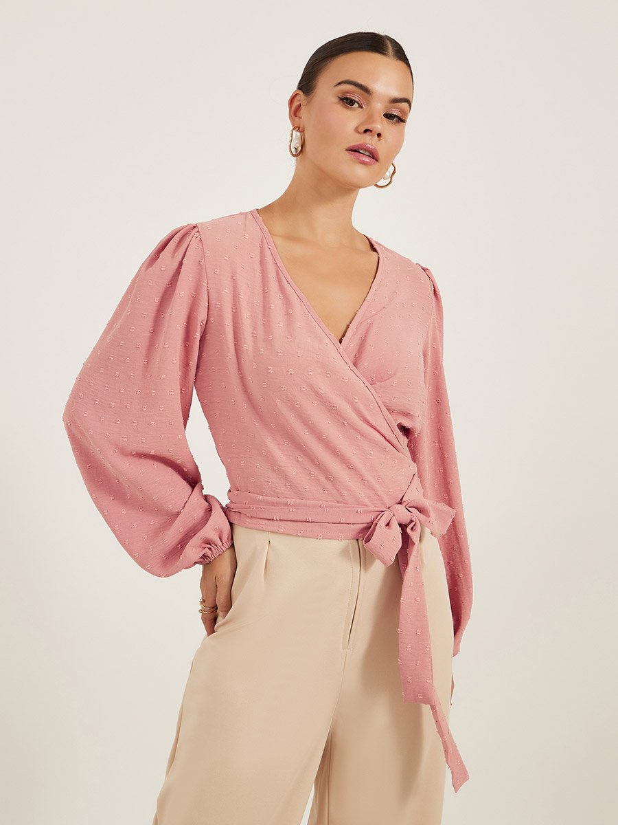 Dobby Balloon Sleeve V-Neck Tie-Up Blouse