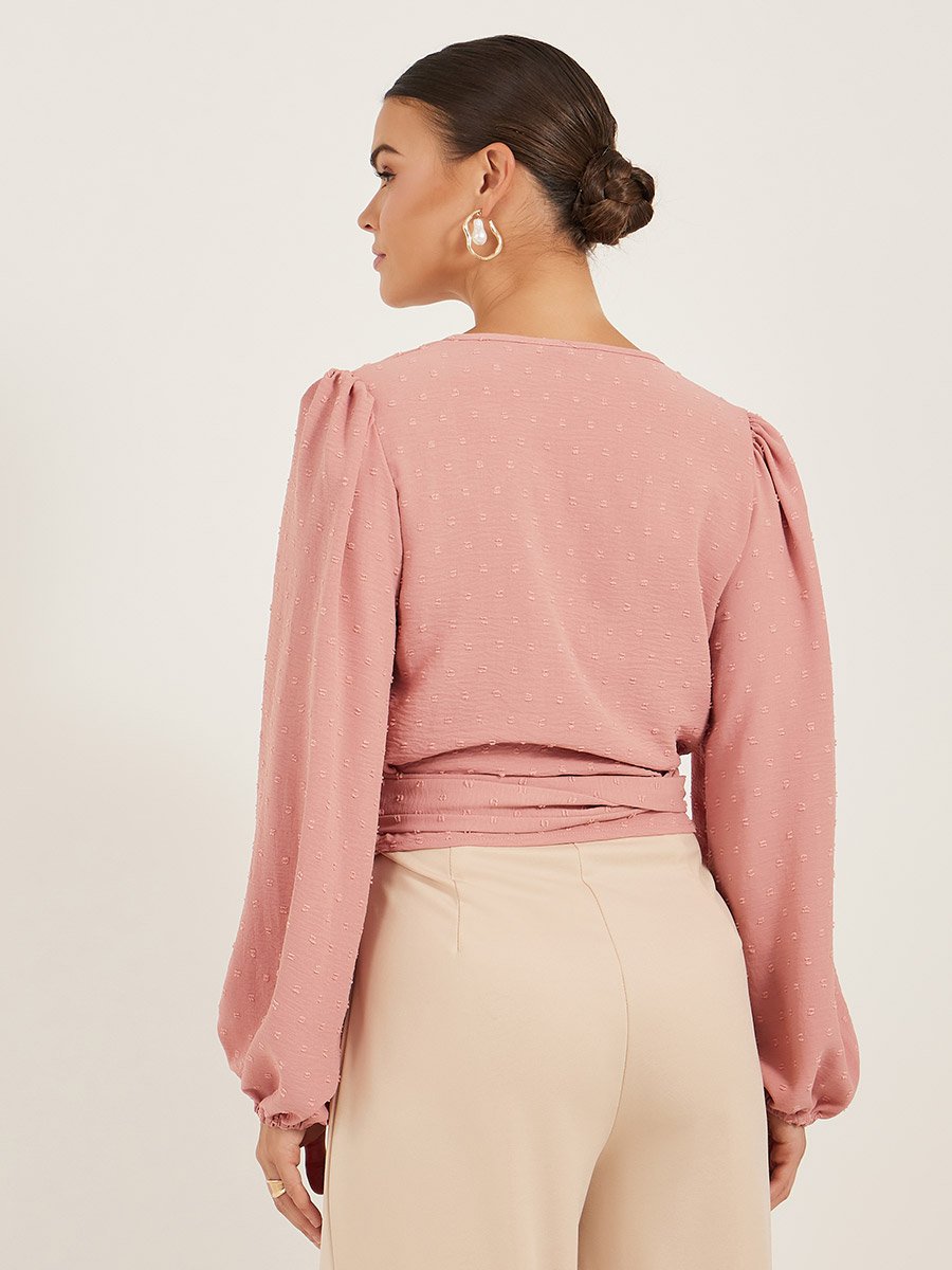 Dobby Balloon Sleeve V-Neck Tie-Up Blouse