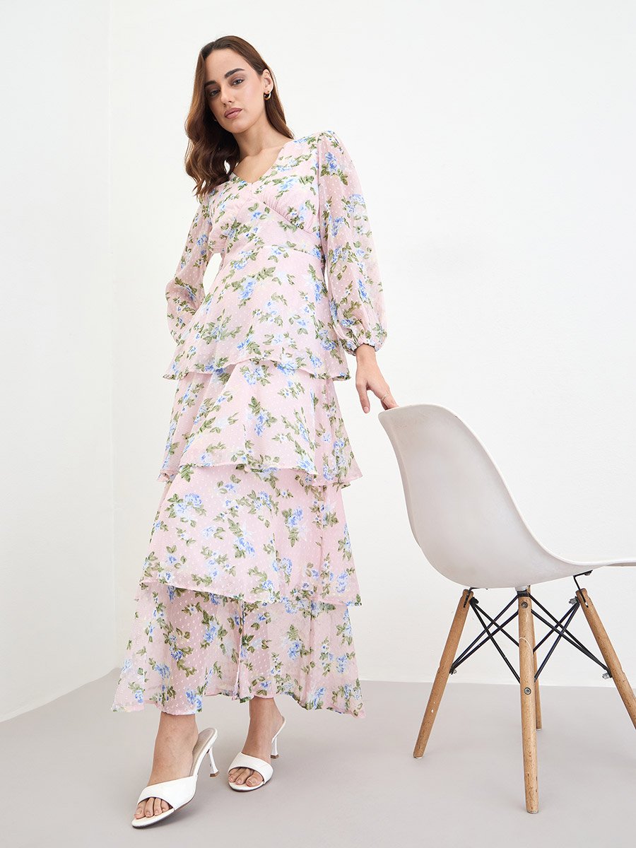 Floral Print Dobby Layered Maxi Dress