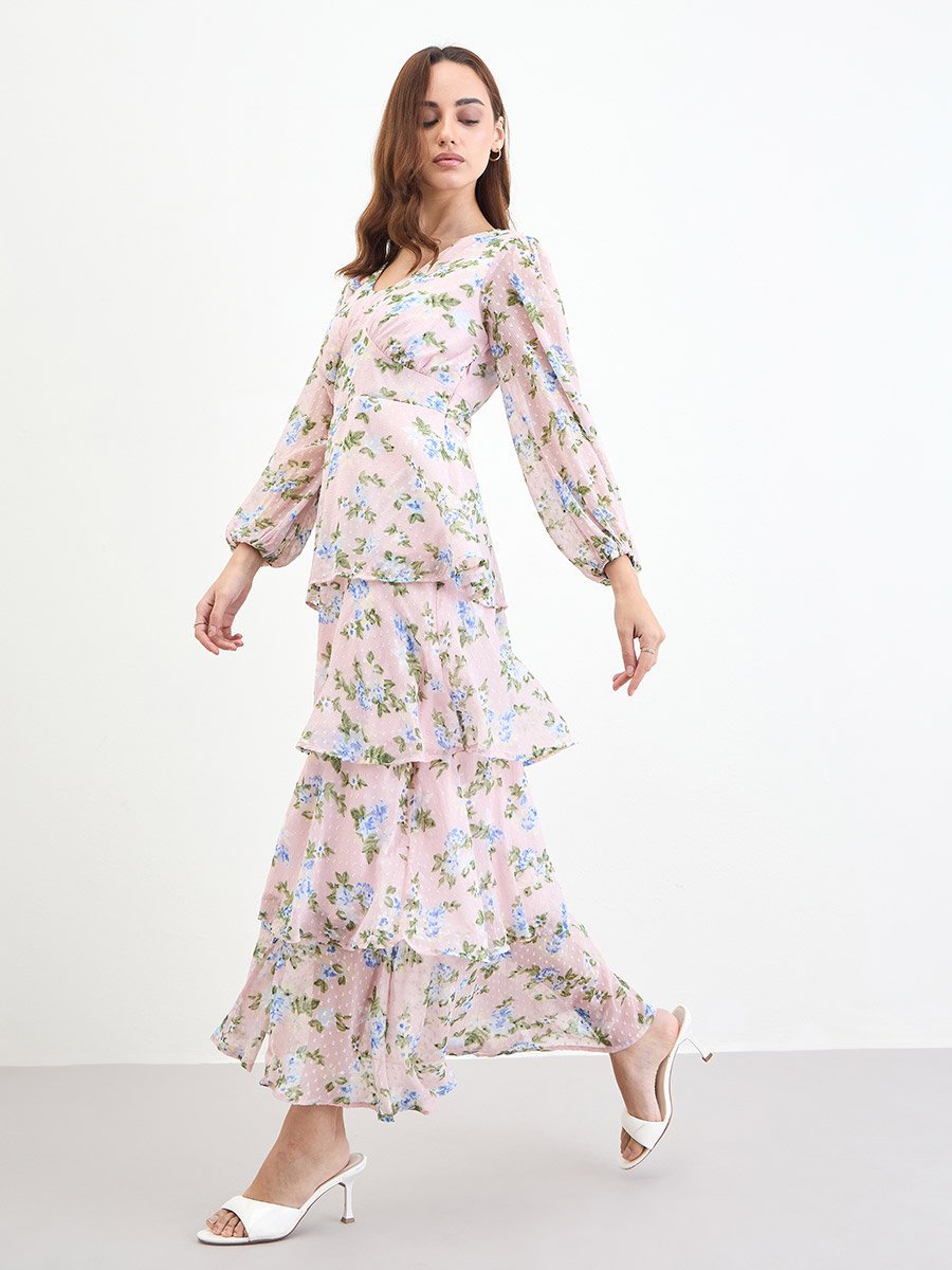 Floral Print Dobby Layered Maxi Dress