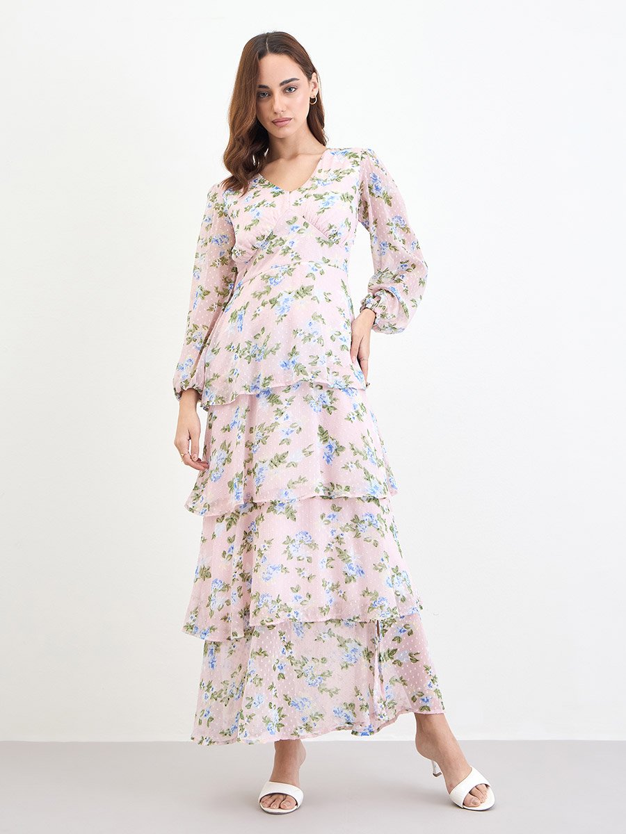 Floral Print Dobby Layered Maxi Dress