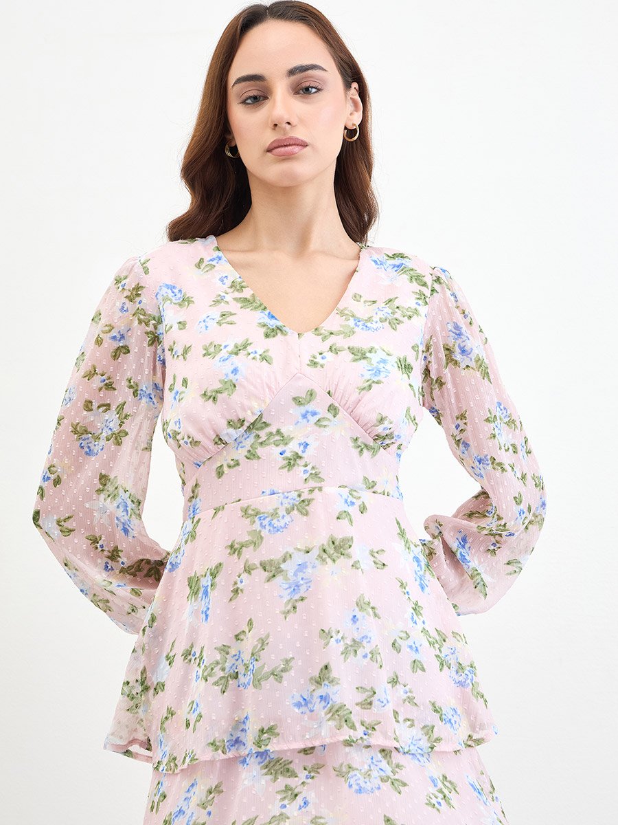 Floral Print Dobby Layered Maxi Dress