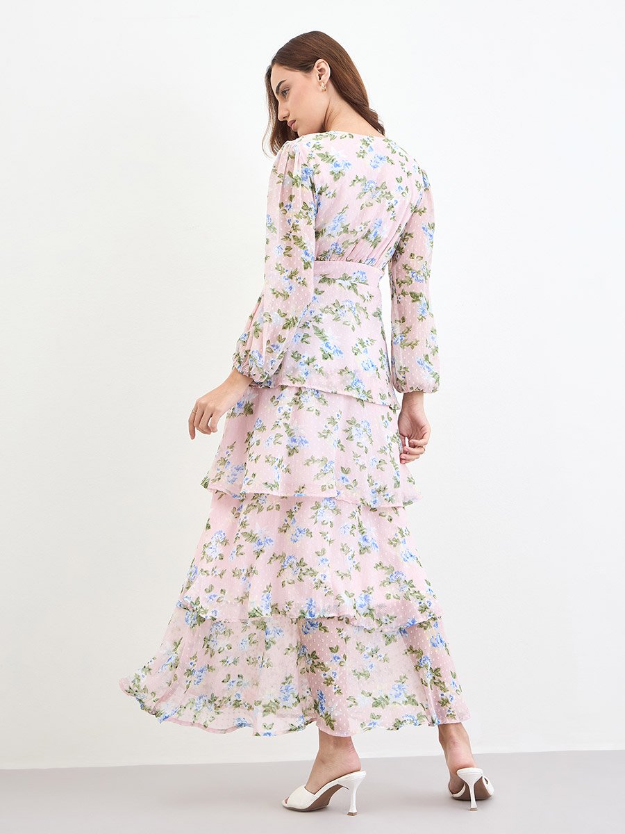 Floral Print Dobby Layered Maxi Dress