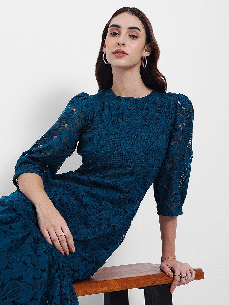 3/4 Sleeves Lace Insert Frill Hem Bodycon Midi Dress For Women at Saudi |  Styli