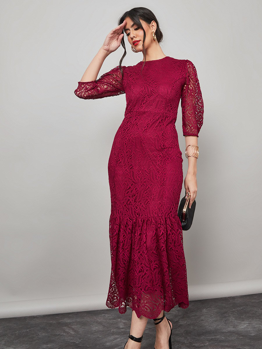 3/4 Sleeves Lace Insert Frill Hem Bodycon Midi Dress For Women at Oman