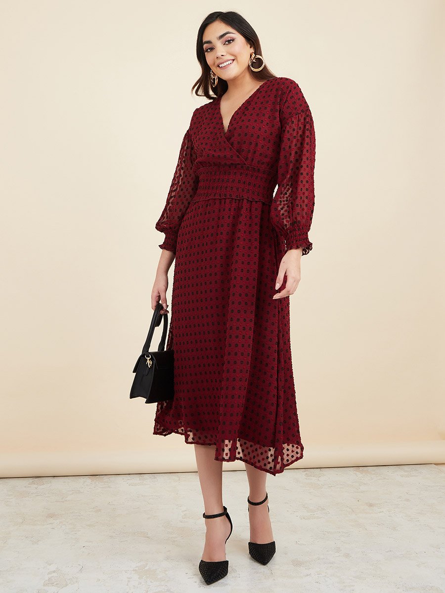 Dobby Shirred Waist A-Line Midi Dress For Women at Saudi | Styli