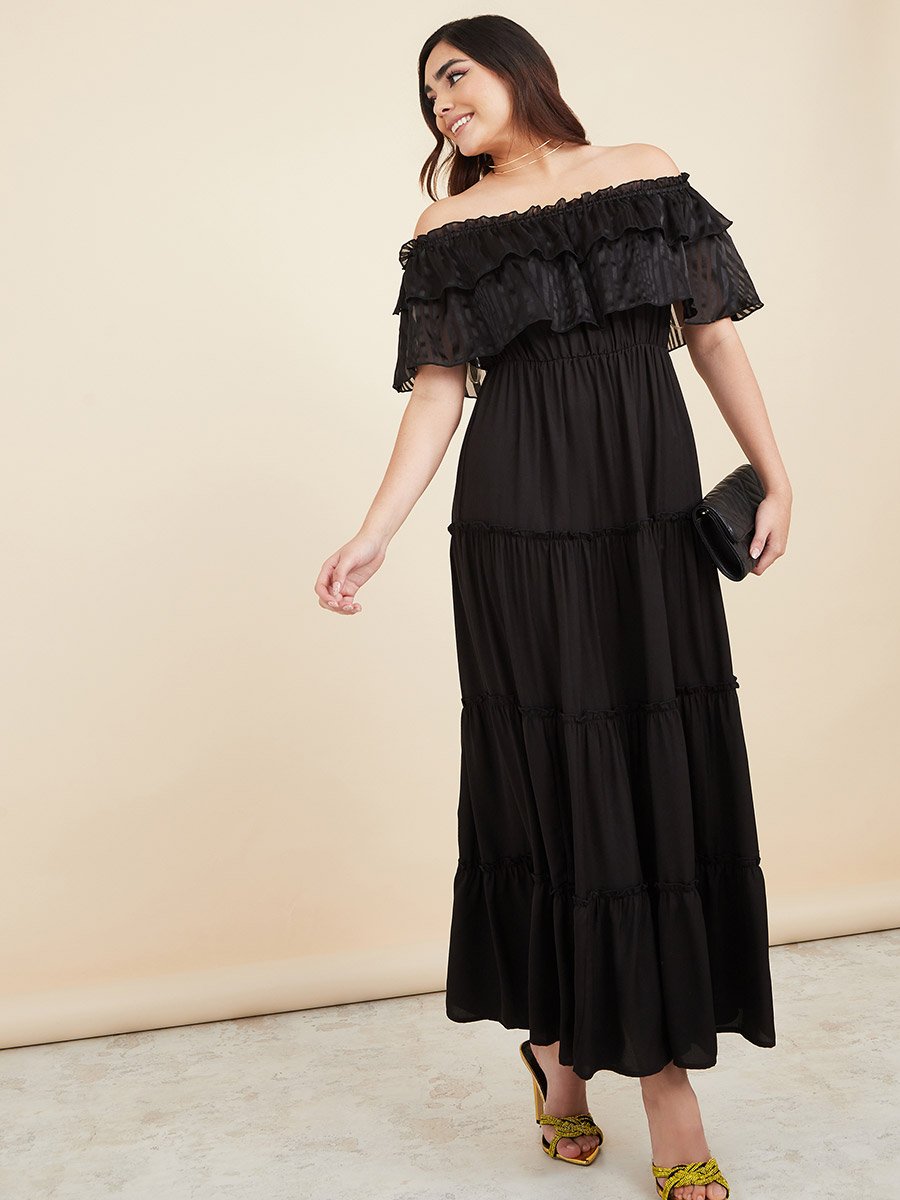 Off Shoulder Jacquard Tiered Maxi Dress For Women at Saudi | Styli