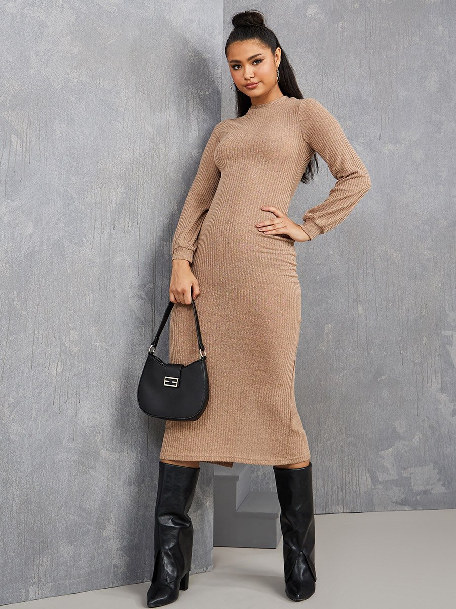 Bodycon Dress Beige High Neck Dress High Neck Ribbed Bodycon Midi Dress With Back Slit For Women At Saudi Styli Bodycon Dress Beige High Neck Dress High Neck Ribbed Bodycon Midi Dress With Back Slit For Women At Saudi Styli