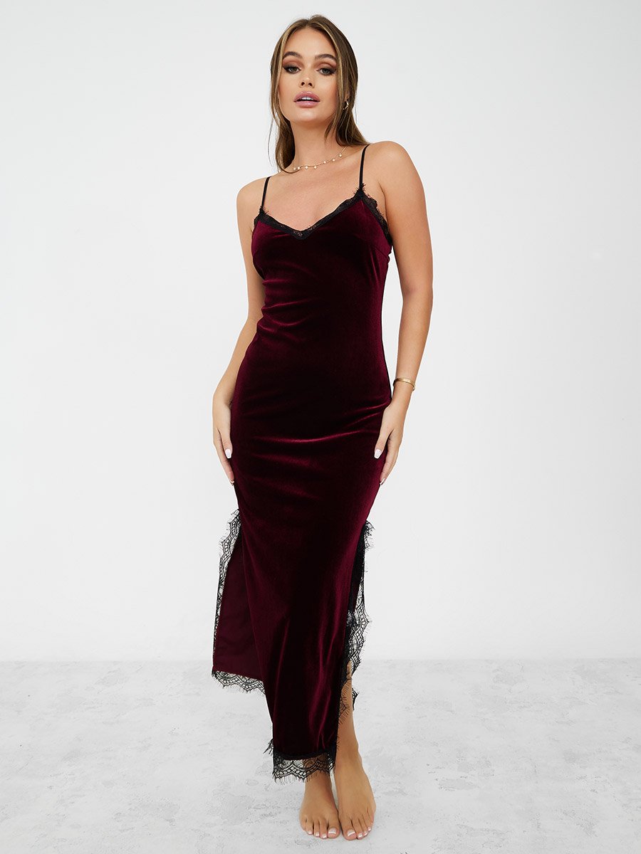 Longer Length Velvet Slip Dress with Side Slit and Lace Trim For Women at  Saudi | Styli