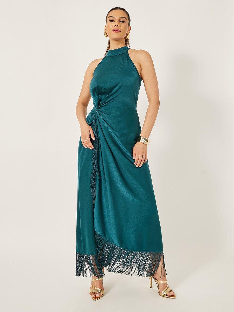 Halter Neck Wrap Style Maxi Dress with Fringe Hem