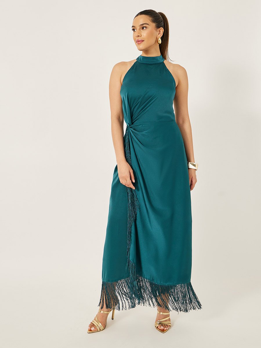 Halter Neck Wrap Style Maxi Dress with Fringe Hem