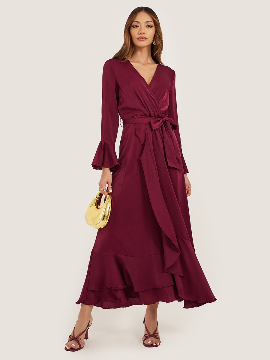 Satin Tie-Up Waist V-Neck A-Line Maxi Dress