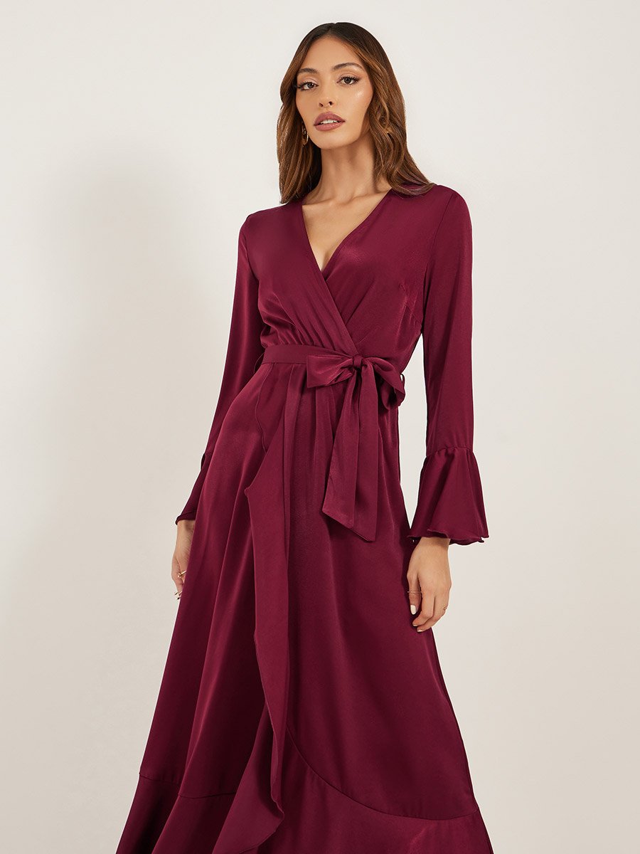 Satin Tie-Up Waist V-Neck A-Line Maxi Dress